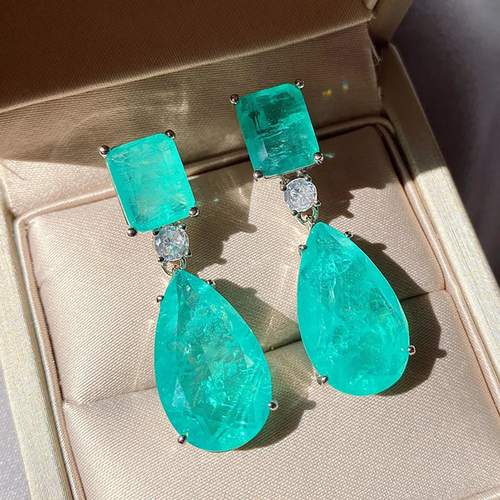 Paraiba Tourmaline Emerald Gemstone Big Drop Earring