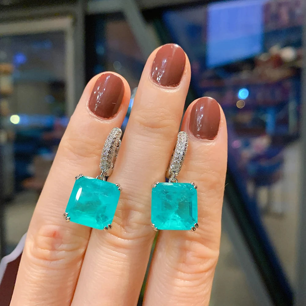 Paraiba Tourmaline Emerald Gemstone Drop Clip Earrings