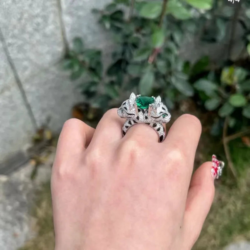 925 Sterling Silver Domineering With Zircon Double Headed Leopard Ring