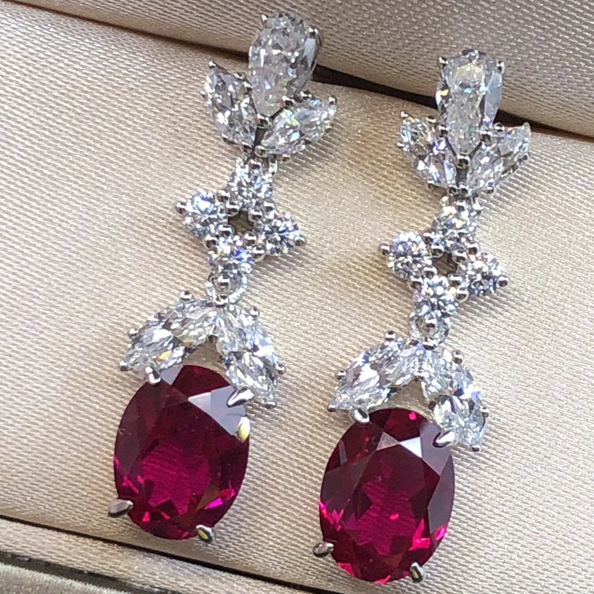 Oval Shape Red Ruby Diamond Stud Earrings
