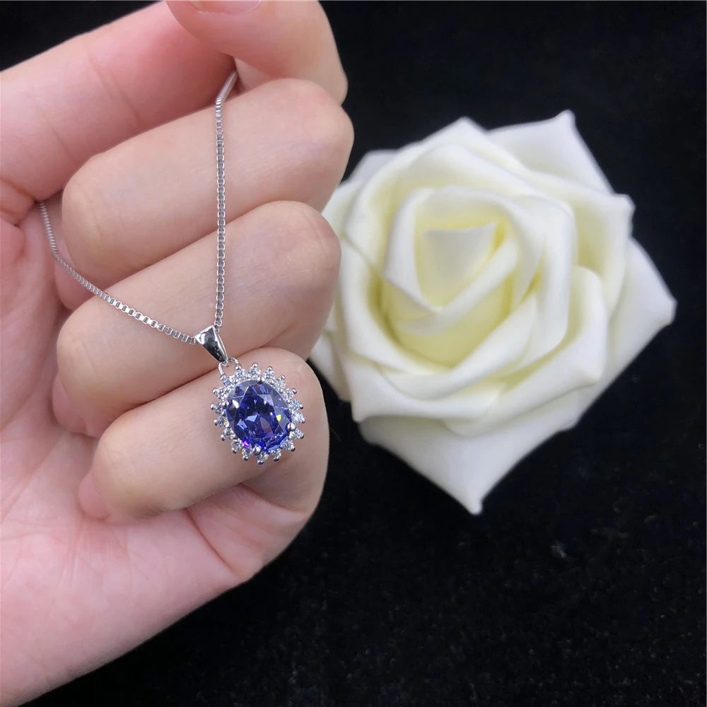 Solid 14K White Gold Pendant 2CT Oval Shape Sapphire
