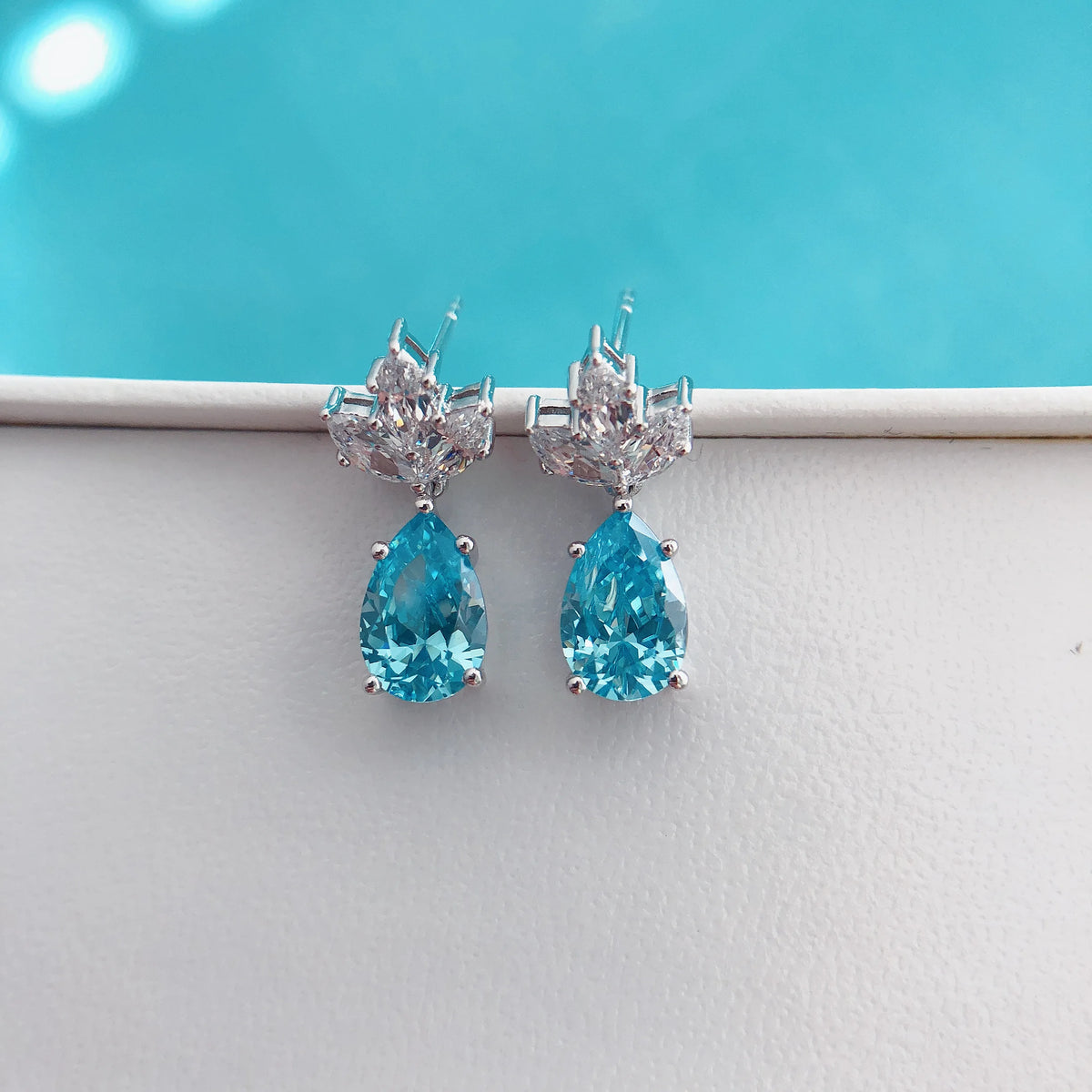 Pear Shape Ocean Blue Diamond Stud Earring