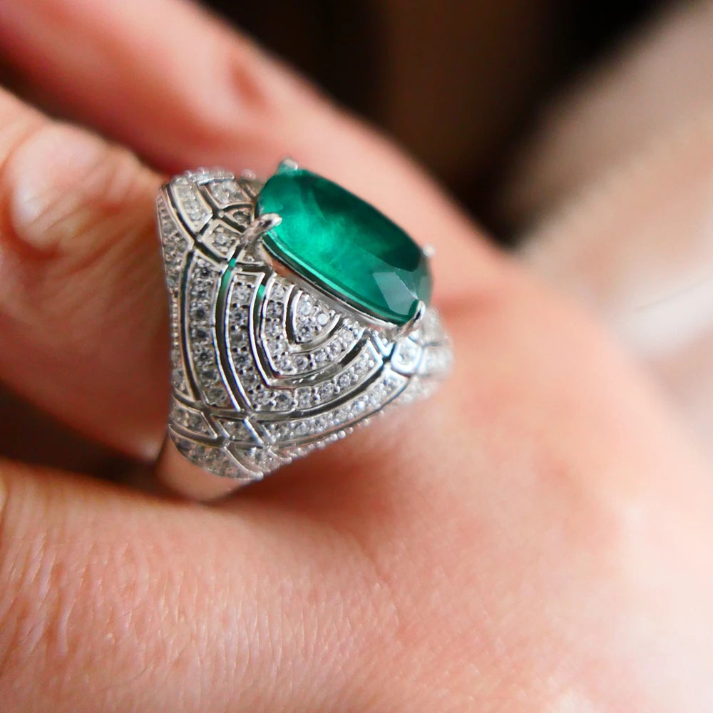 10 Carat Cushion Cut Created Emerald Gemstone Ring