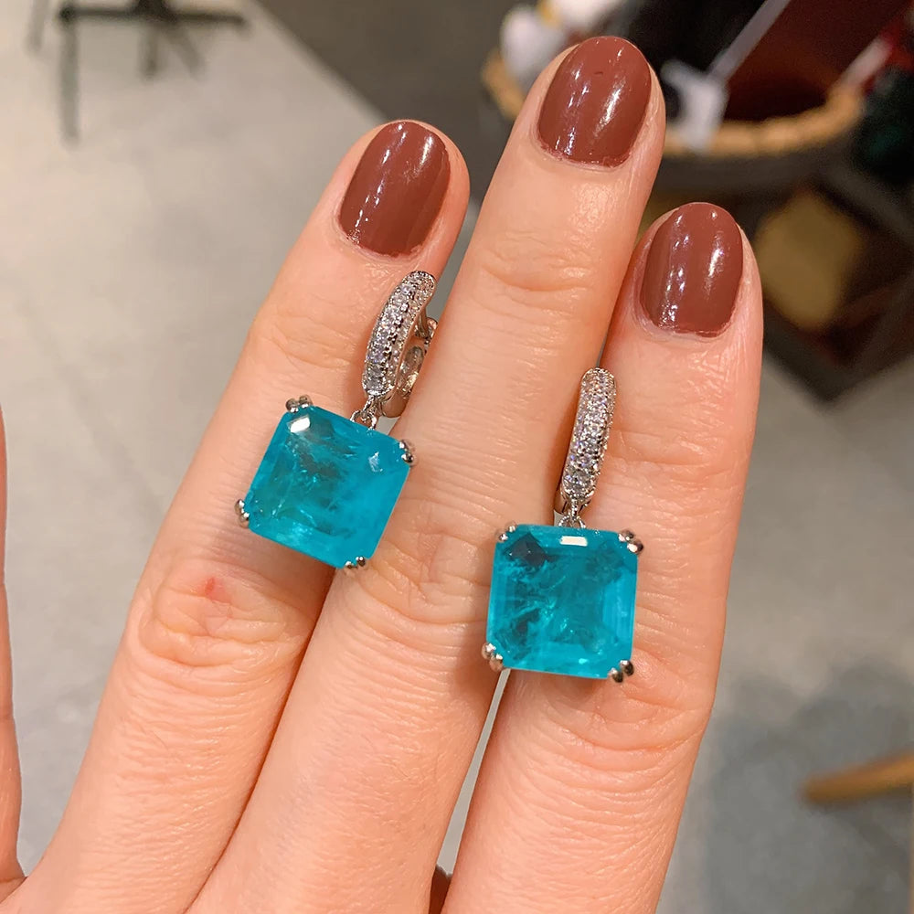 Paraiba Tourmaline Emerald Gemstone Drop Clip Earrings