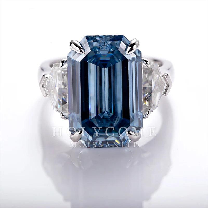 Dark Blue Emerald Moissanite Sterling Diamond Ring