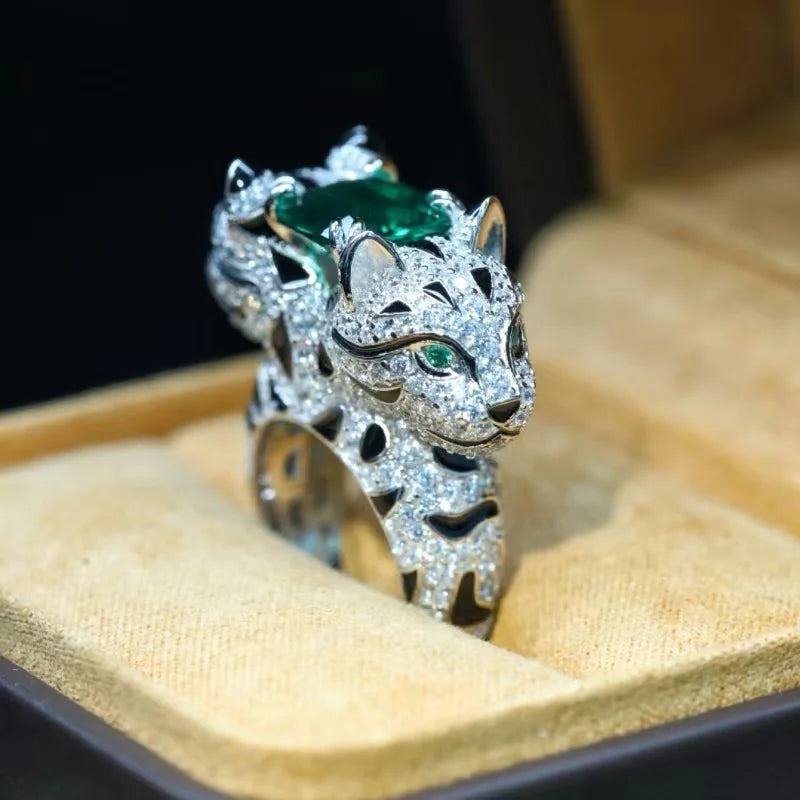 925 Sterling Silver Domineering With Zircon Double Headed Leopard Ring