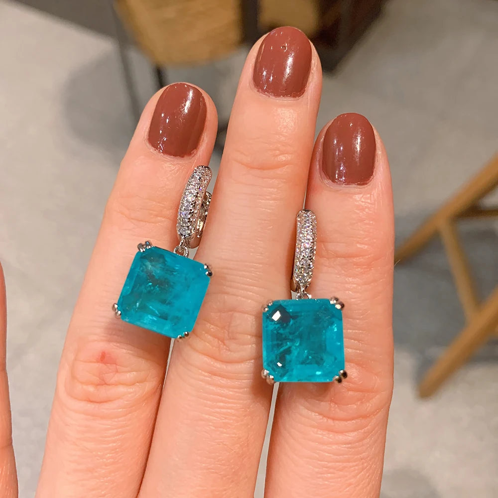 Paraiba Tourmaline Emerald Gemstone Drop Clip Earrings