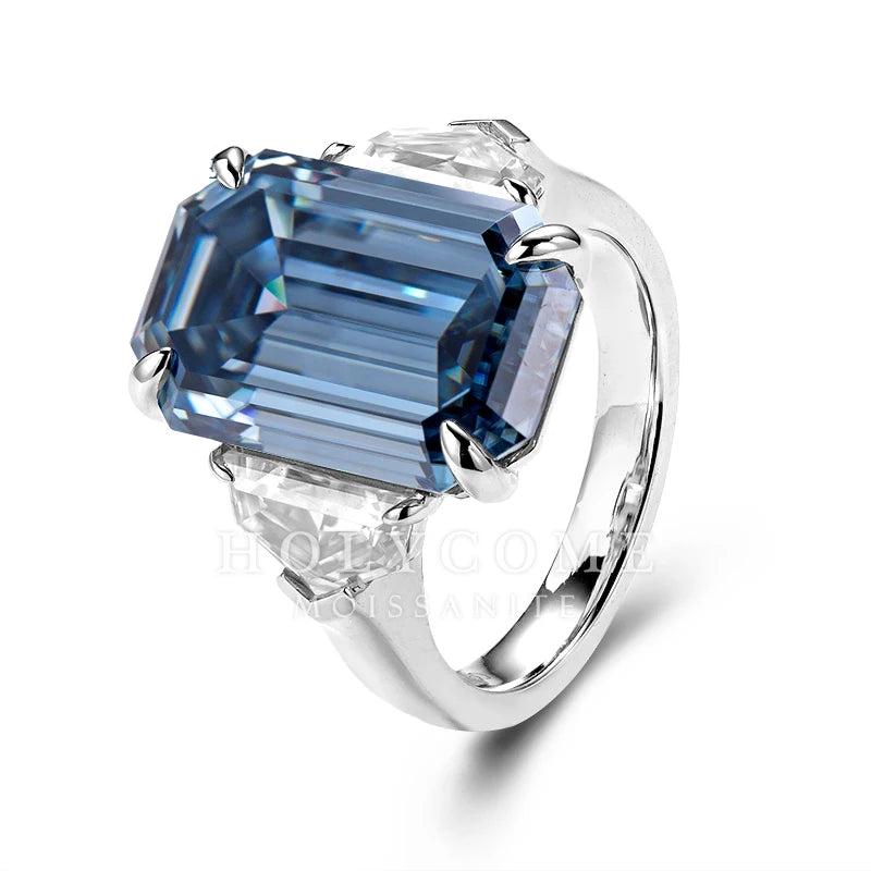 Dark Blue Emerald Moissanite Sterling Diamond Ring