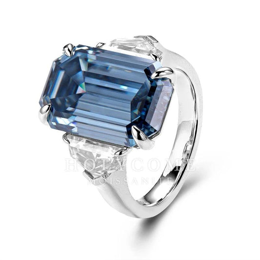Dark Blue Emerald Moissanite Sterling Diamond Ring