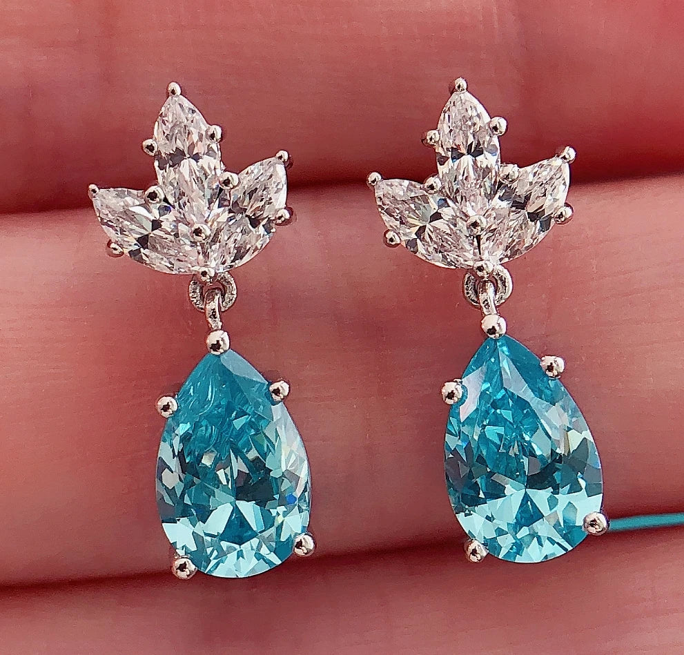 Pear Shape Ocean Blue Diamond Stud Earring