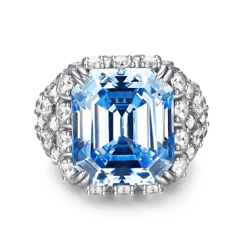 Large Created Aquamarine Blue High Carbon Diamond Cocktail Rings