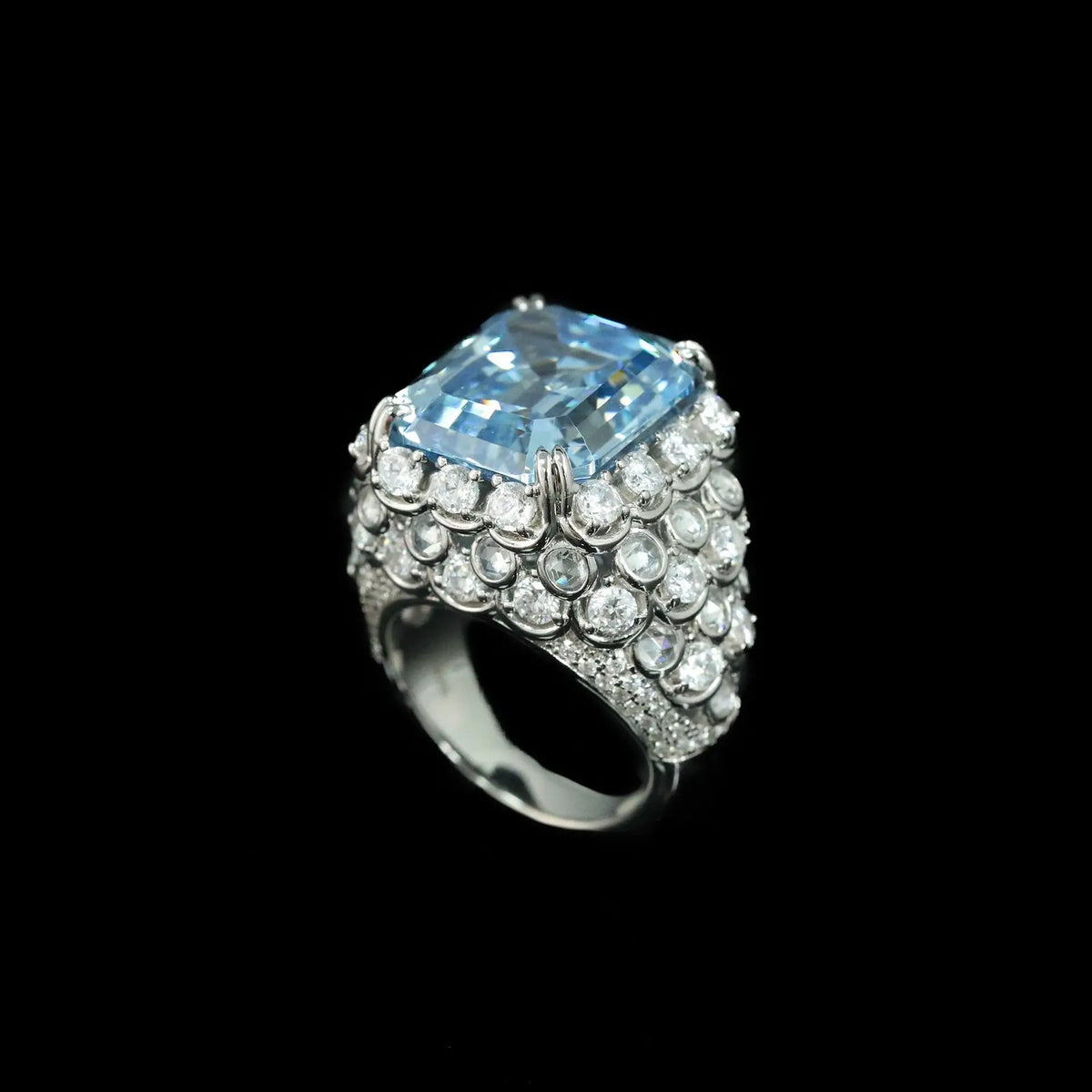 Large Created Aquamarine Blue High Carbon Diamond Cocktail Rings