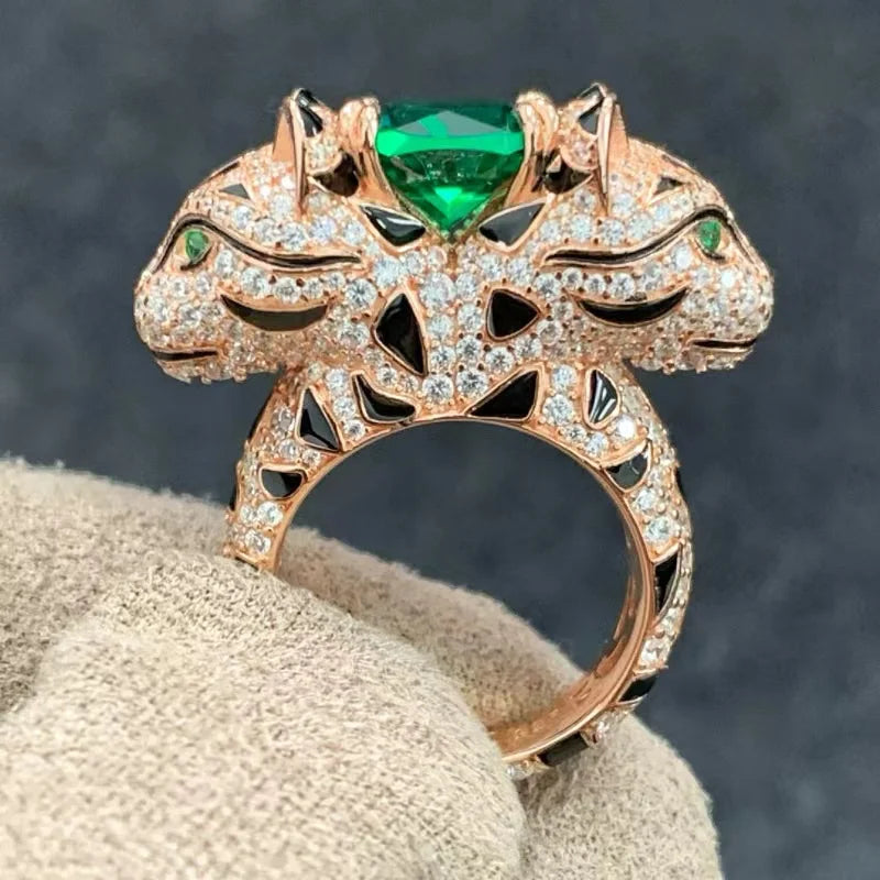 925 Sterling Silver Domineering With Zircon Double Headed Leopard Ring