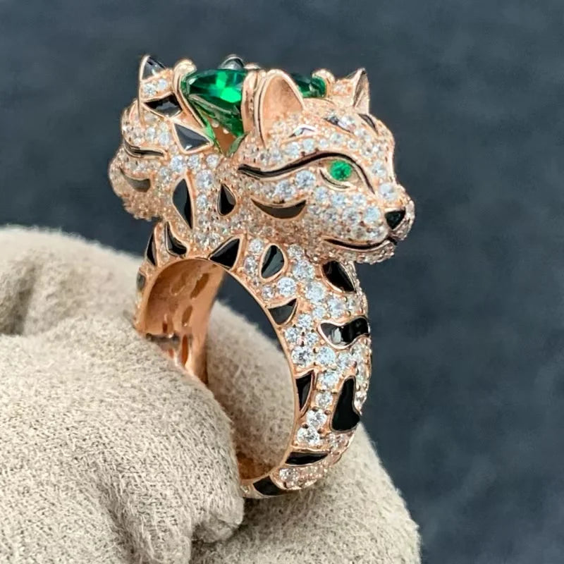 925 Sterling Silver Domineering With Zircon Double Headed Leopard Ring