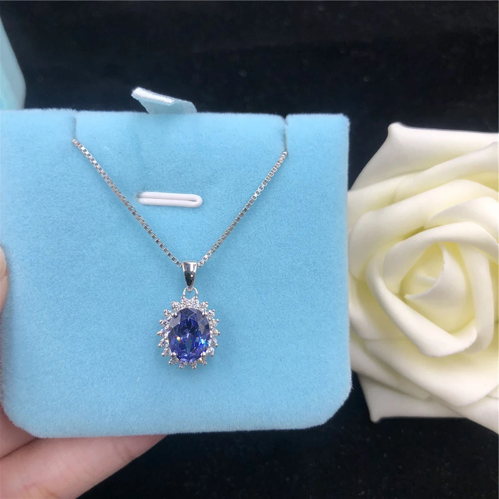 Solid 14K White Gold Pendant 2CT Oval Shape Sapphire