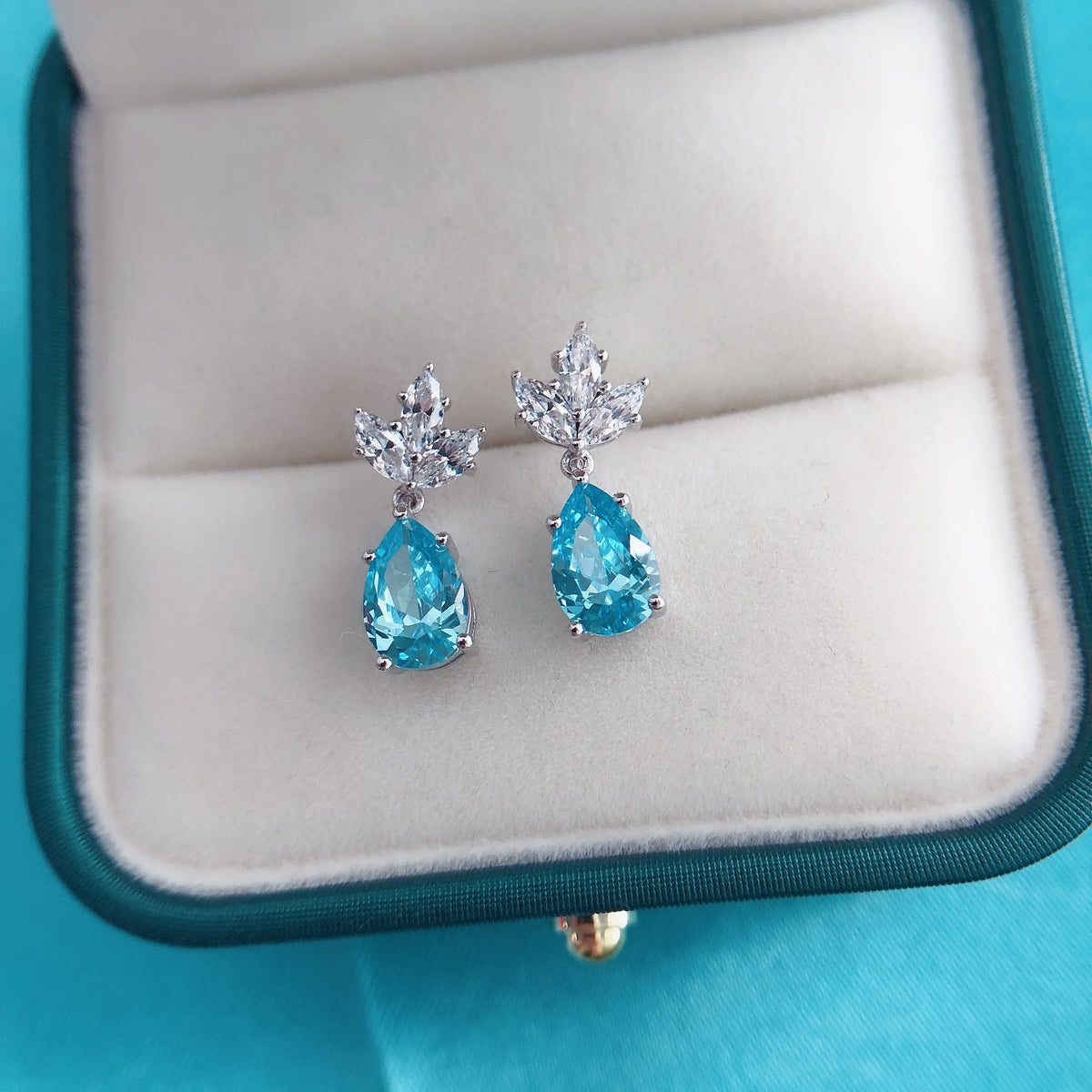 Pear Shape Ocean Blue Diamond Stud Earring