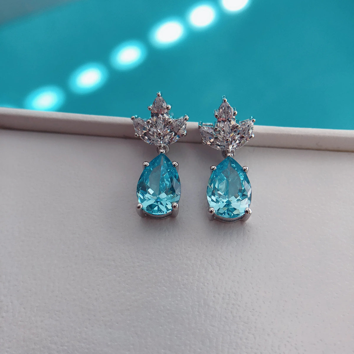 Pear Shape Ocean Blue Diamond Stud Earring