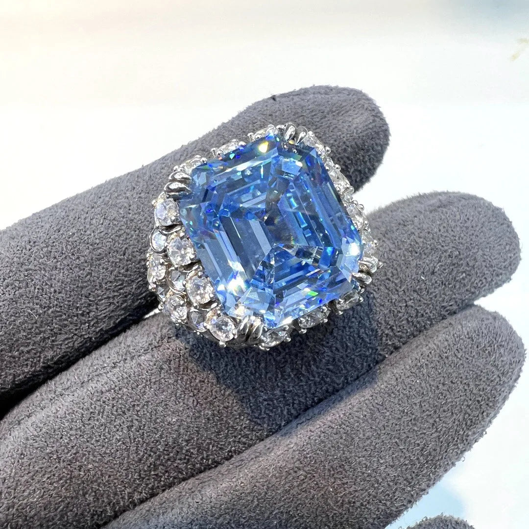 Large Created Aquamarine Blue High Carbon Diamond Cocktail Rings